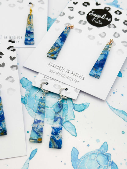 Large Ocean Ink Trapeze Dangle Earrings or Necklace – Hypoallergenic Stainless Steel
