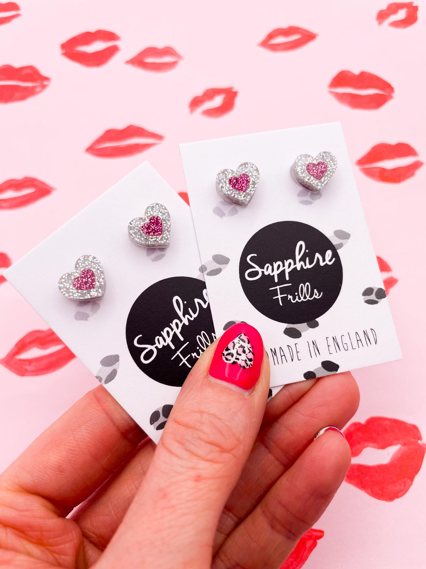 Little Holographic Silver and Hot Pink Glitter Acrylic Heart Stud Earrings