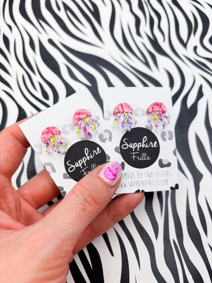 Small Hot Pink Marble and Confetti Acrylic Jellyfish Stud Earrings – Hypoallergenic Stainless Steel
