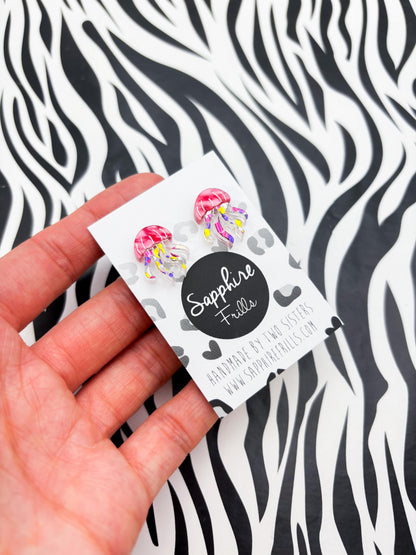 Small Hot Pink Marble and Confetti Acrylic Jellyfish Stud Earrings – Hypoallergenic Stainless Steel