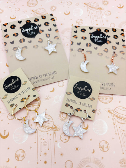 Medium White Glitter Marble Mismatch Star and Moon Dangle Earrings or Necklace – Hypoallergenic Stainless Steel