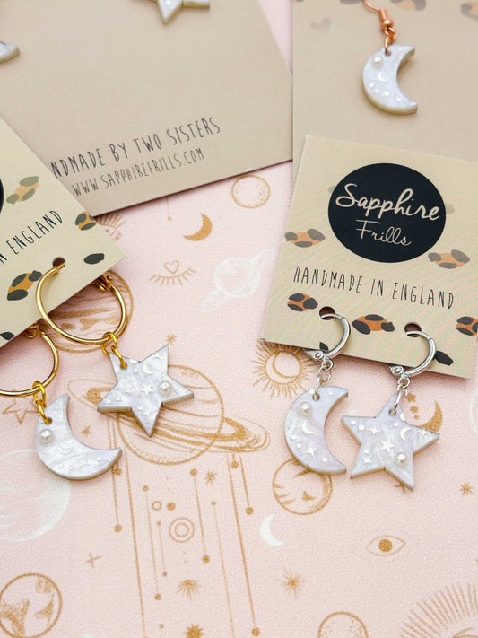 Medium White Glitter Marble Mismatch Star and Moon Dangle Earrings or Necklace – Hypoallergenic Stainless Steel