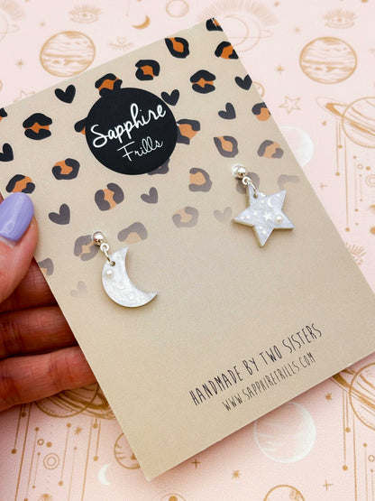 Medium White Glitter Marble Mismatch Star and Moon Dangle Earrings or Necklace – Hypoallergenic Stainless Steel