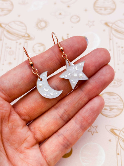Medium White Glitter Marble Mismatch Star and Moon Dangle Earrings or Necklace – Hypoallergenic Stainless Steel