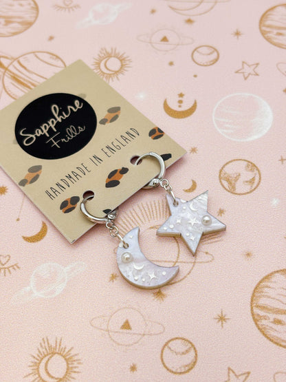 Medium White Glitter Marble Mismatch Star and Moon Dangle Earrings or Necklace – Hypoallergenic Stainless Steel