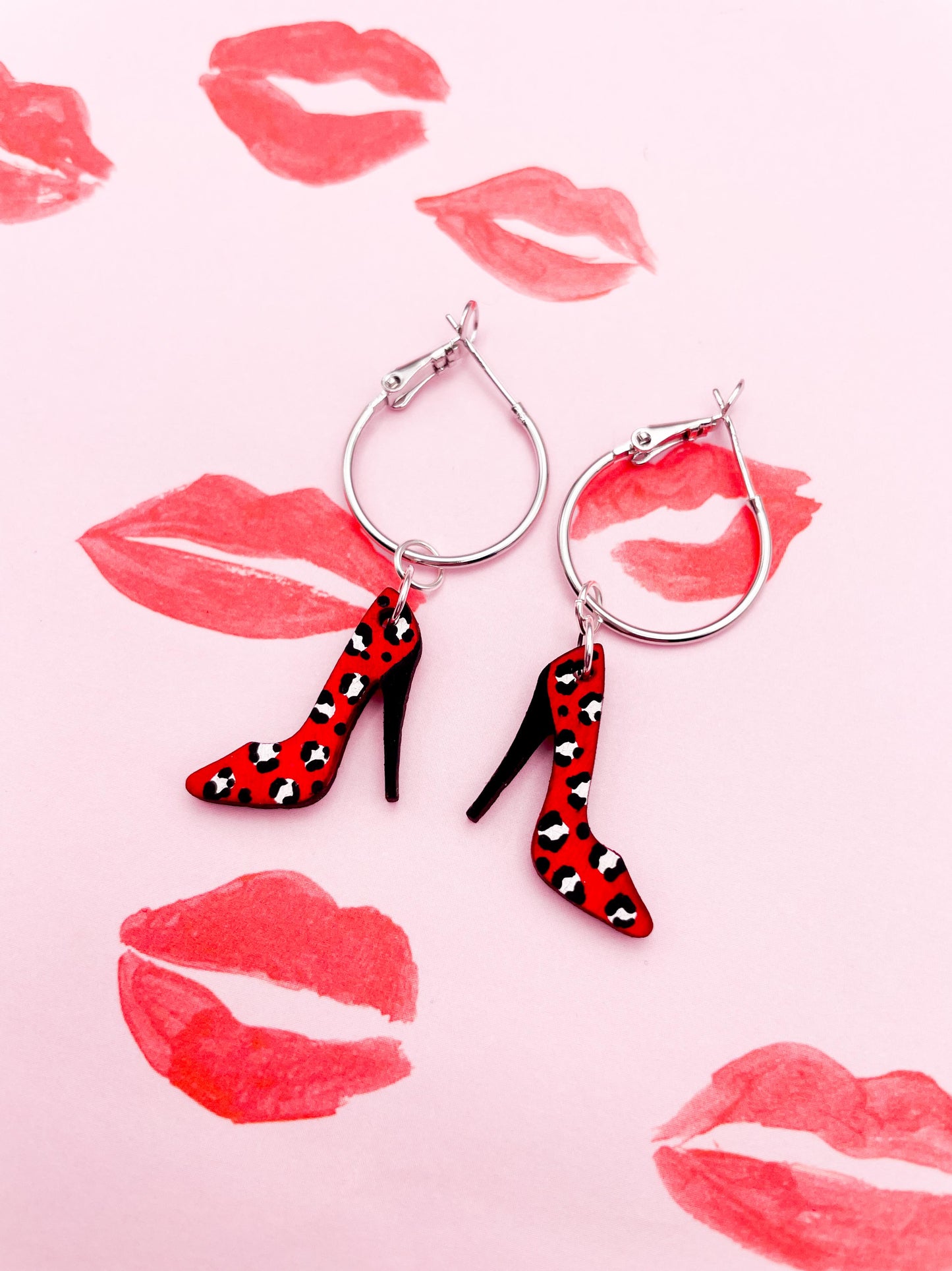 Medium Red and White Leopard Print Stiletto Wooden Dangle Earrings