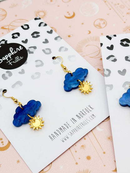 Medium Blue Glitter Marble Cloud and Sun Dangle Earrings or Necklace – Hypoallergenic Stainless Steel