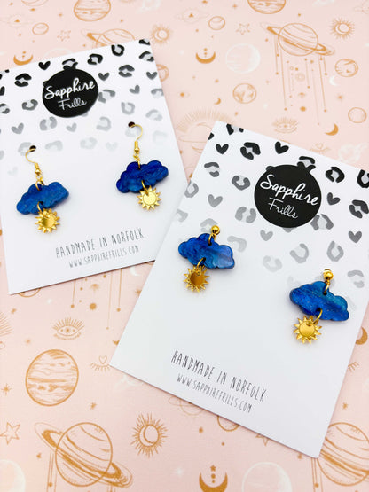 Medium Blue Glitter Marble Cloud and Sun Dangle Earrings or Necklace – Hypoallergenic Stainless Steel