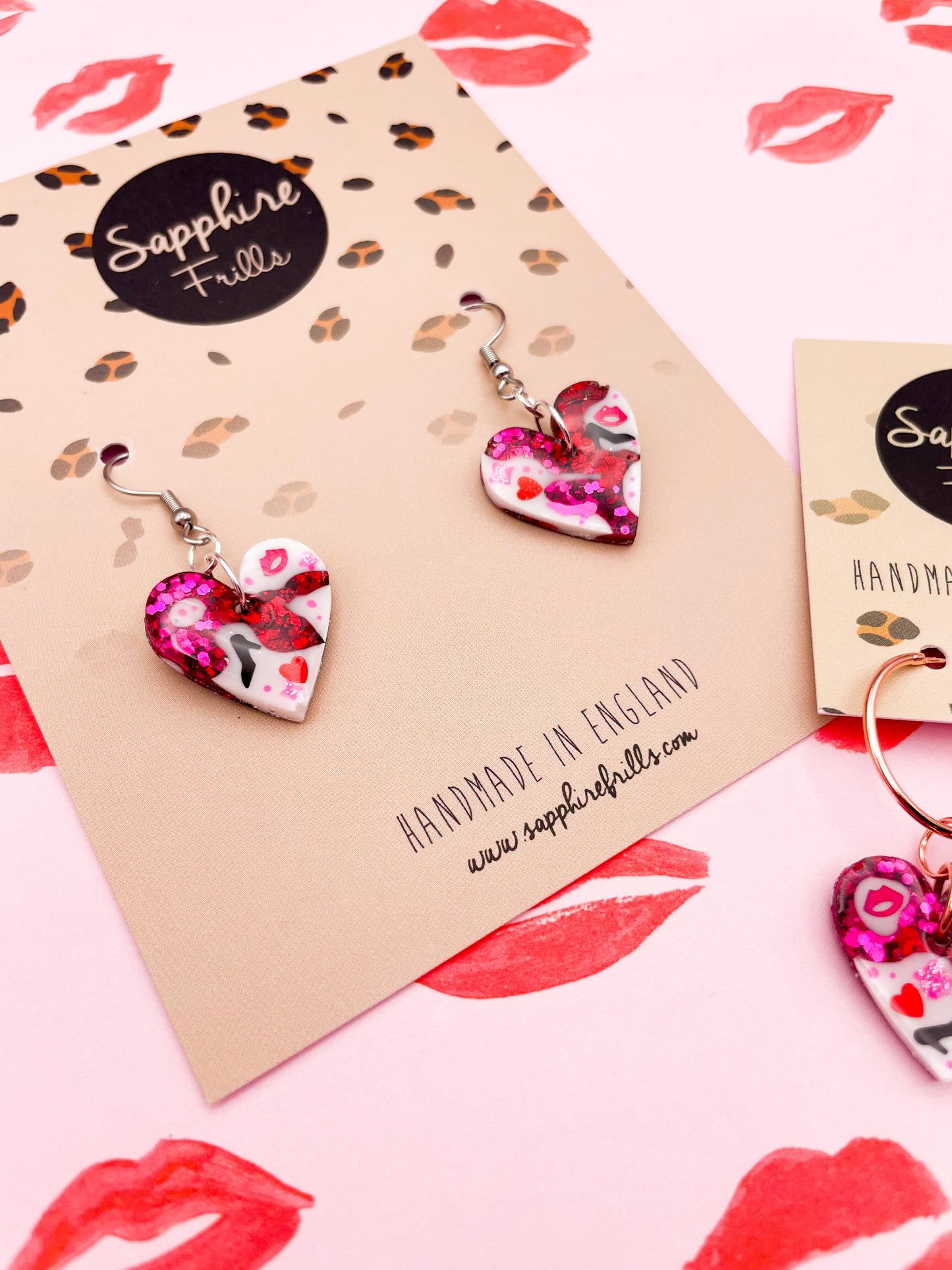 'The Burn Book' Pink and Red Glitter Resin Medium Heart Earrings
