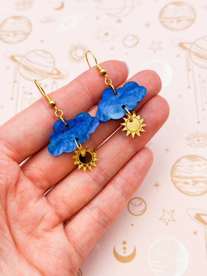 Medium Blue Glitter Marble Cloud and Sun Dangle Earrings or Necklace – Hypoallergenic Stainless Steel
