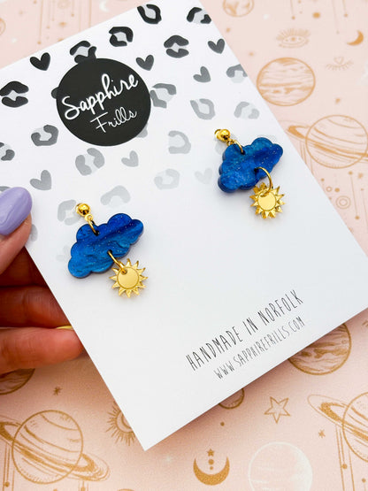 Medium Blue Glitter Marble Cloud and Sun Dangle Earrings or Necklace – Hypoallergenic Stainless Steel