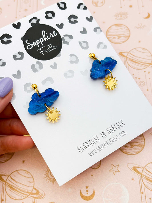 Medium Blue Glitter Marble Cloud and Sun Dangle Earrings or Necklace – Hypoallergenic Stainless Steel