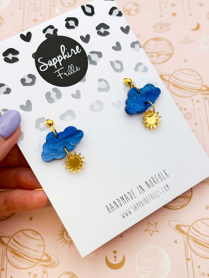 Medium Blue Glitter Marble Cloud and Sun Dangle Earrings or Necklace – Hypoallergenic Stainless Steel
