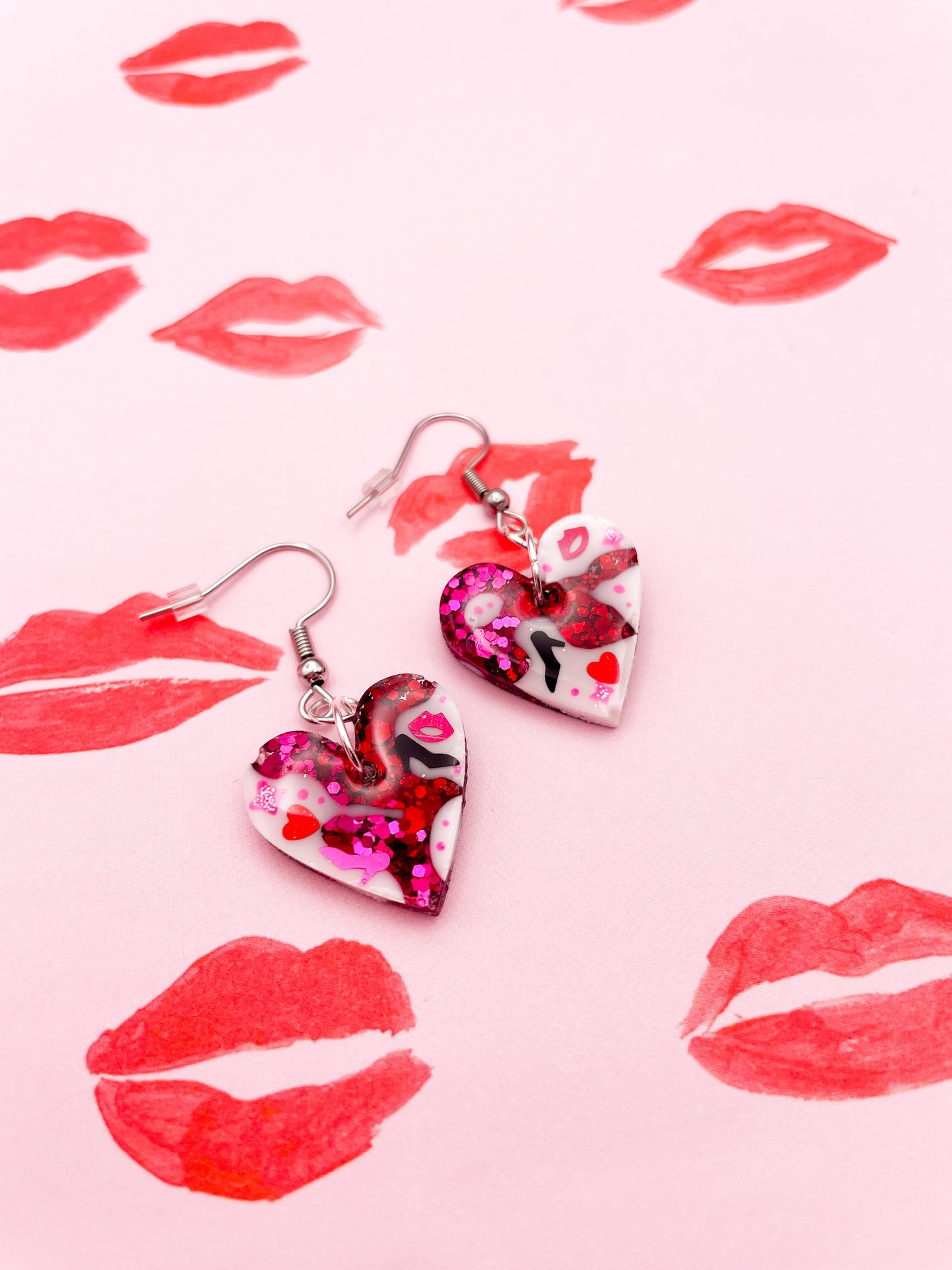 'The Burn Book' Pink and Red Glitter Resin Medium Heart Earrings