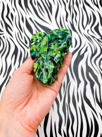 Large Green Marble Monstera Leaf Claw Clip