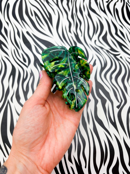 Large Green Marble Monstera Leaf Claw Clip