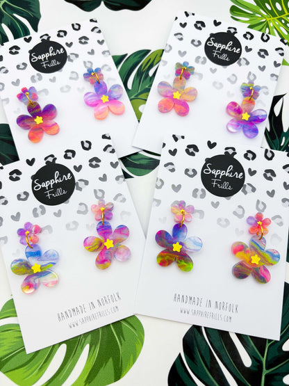 Large Rainbow Glitter Marble Flower Statement Dangle Earrings – Hypoallergenic Stainless Steel