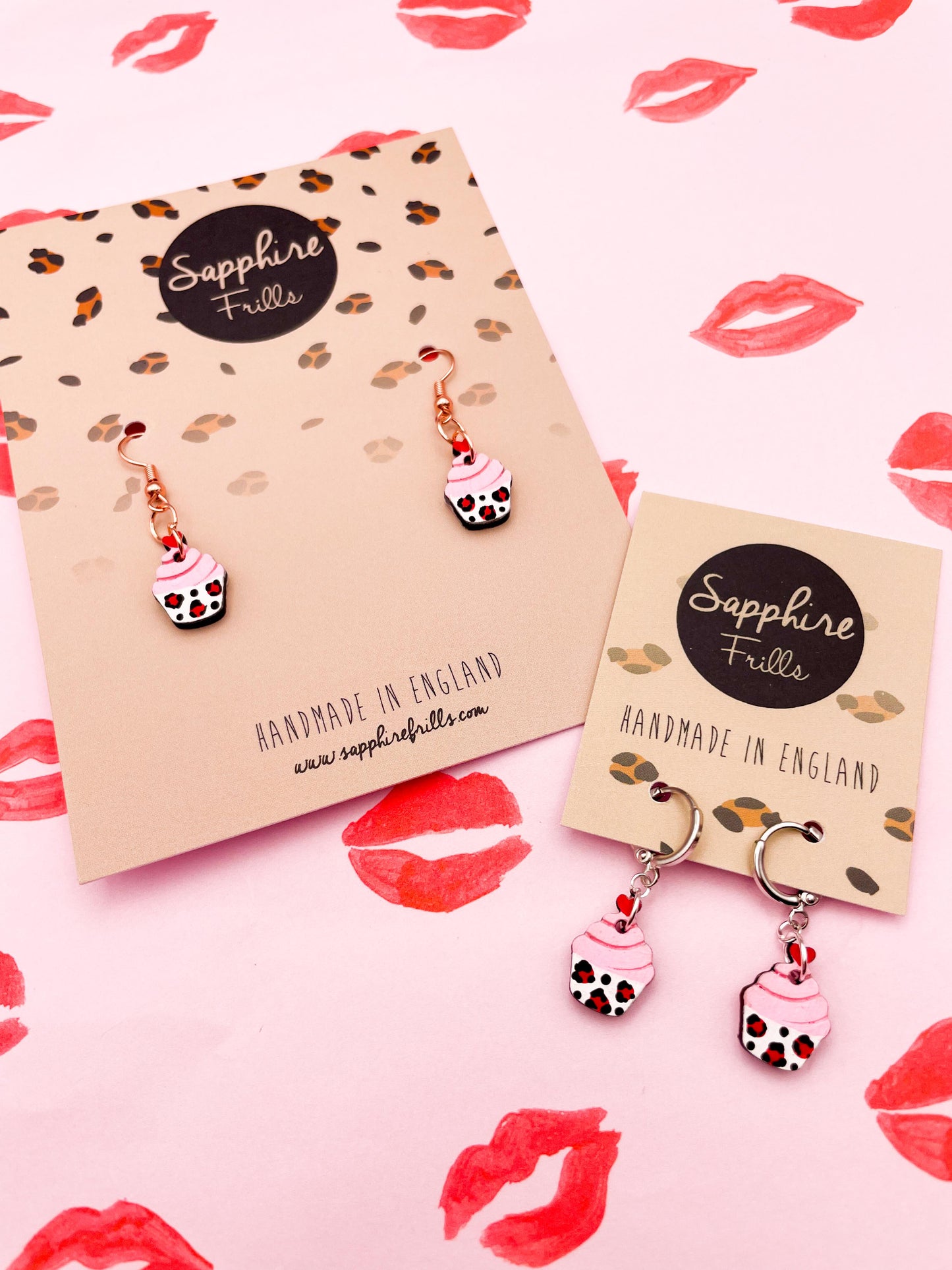Small Candy Pink and Red Leopard Print Heart Cupcake Wooden Dangle Earrings