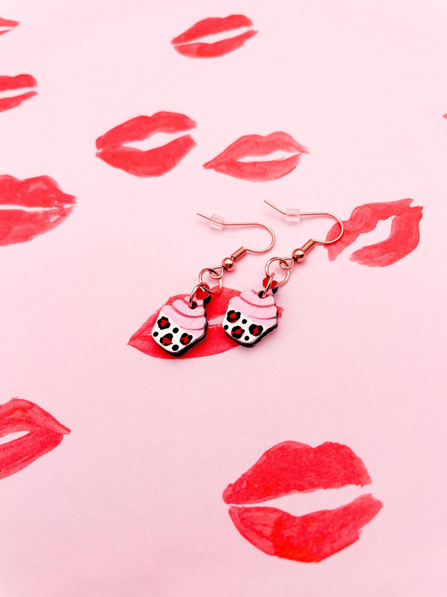 Small Candy Pink and Red Leopard Print Heart Cupcake Wooden Dangle Earrings