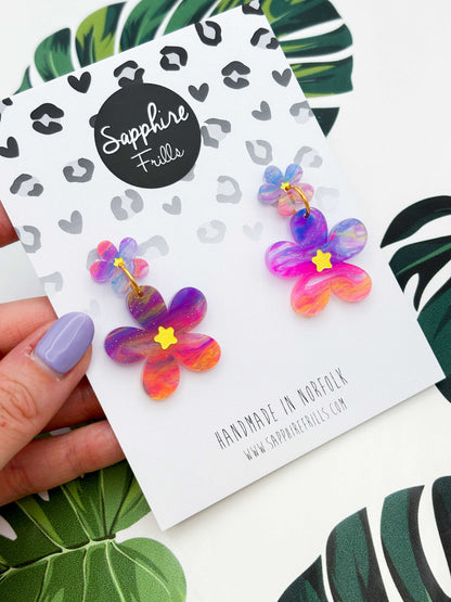 Large Rainbow Glitter Marble Flower Statement Dangle Earrings – Hypoallergenic Stainless Steel