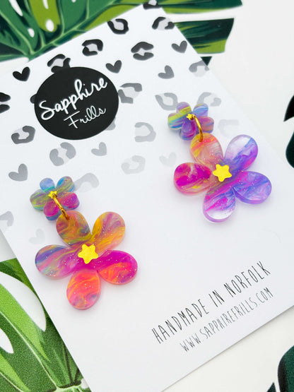Large Rainbow Glitter Marble Flower Statement Dangle Earrings – Hypoallergenic Stainless Steel