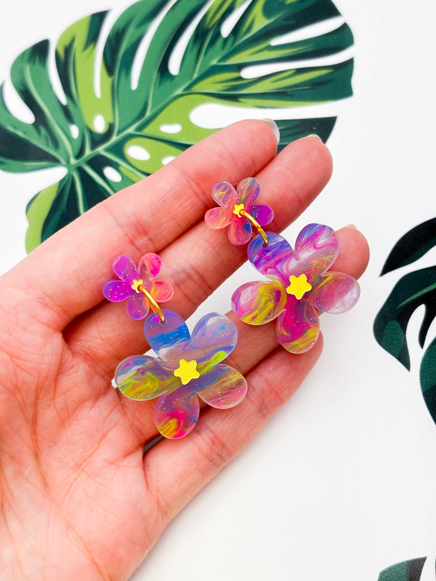 Large Rainbow Glitter Marble Flower Statement Dangle Earrings