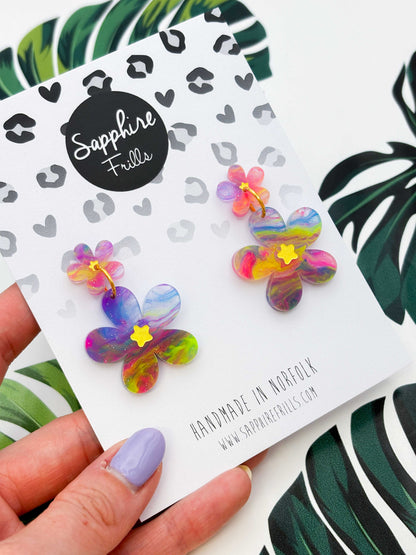 Large Rainbow Glitter Marble Flower Statement Dangle Earrings – Hypoallergenic Stainless Steel