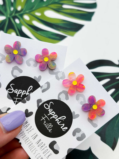 Small Rainbow Glitter Marble Flower Stud Earrings – Hypoallergenic Stainless Steel