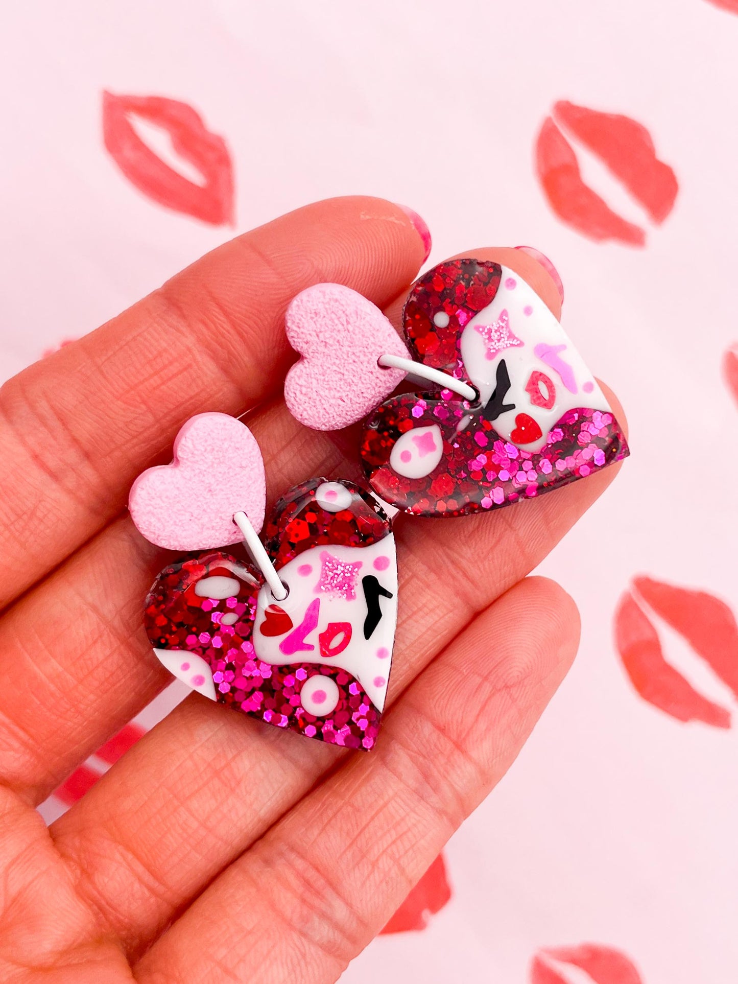 'The Burn Book' Pink and Red Glitter Resin Heart Dangle Earrings