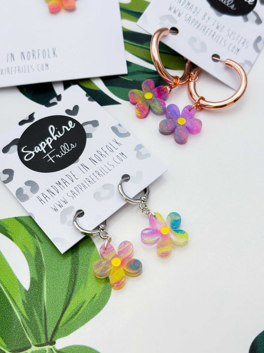 Small Rainbow Glitter Marble Flower Dangle Earrings or Necklace – Hypoallergenic Stainless Steel