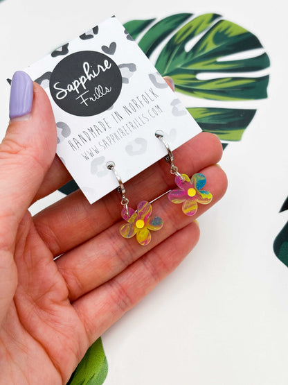 Small Rainbow Glitter Marble Flower Dangle Earrings or Necklace – Hypoallergenic Stainless Steel