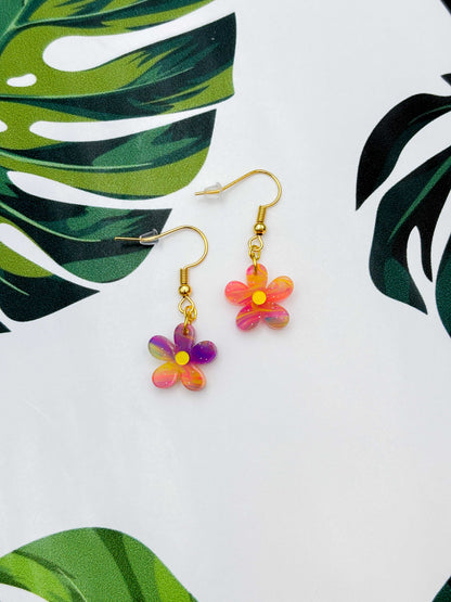 Small Rainbow Glitter Marble Flower Dangle Earrings or Necklace – Hypoallergenic Stainless Steel