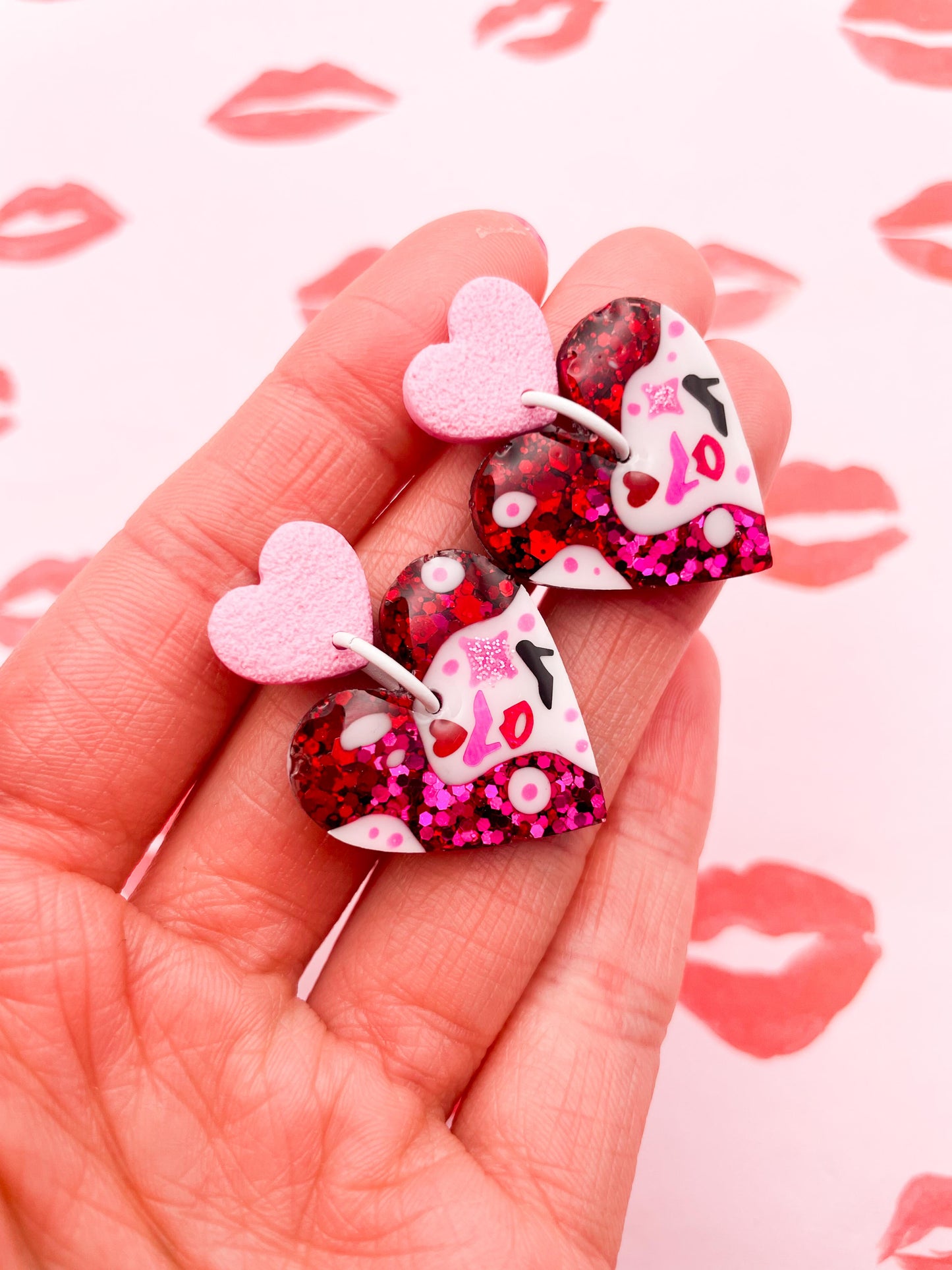 'The Burn Book' Pink and Red Glitter Resin Heart Dangle Earrings