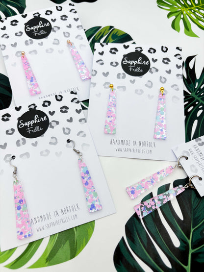 Large Pastel Hexagon Sequin Trapeze Dangle Earrings or Necklace – Hypoallergenic Stainless Steel