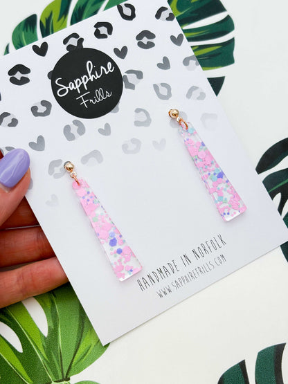 Large Pastel Hexagon Sequin Trapeze Dangle Earrings or Necklace – Hypoallergenic Stainless Steel