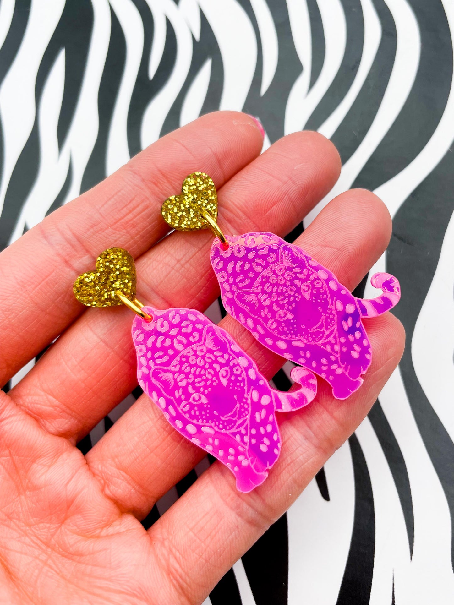Iridescent Hot Pink/Purple and Gold Glitter Acrylic Leopard Heart Dangle Earrings