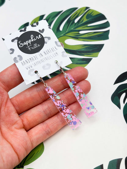 Large Pastel Hexagon Sequin Trapeze Dangle Earrings or Necklace – Hypoallergenic Stainless Steel