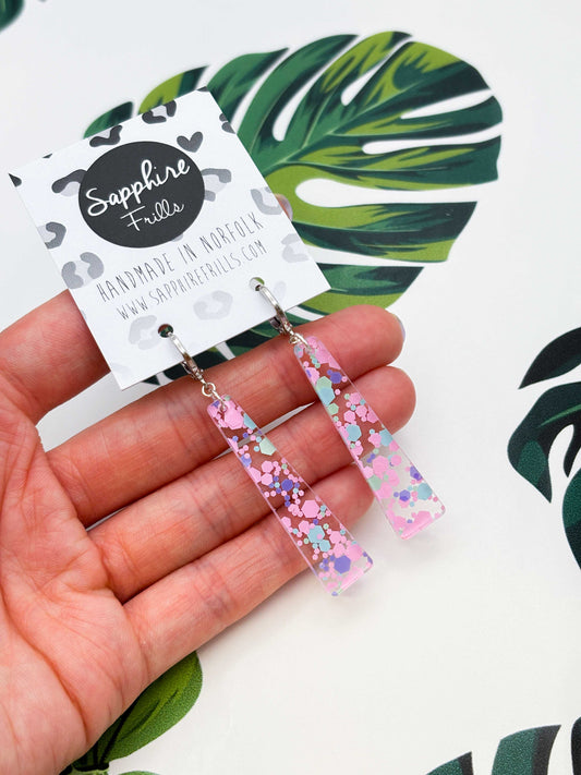Large Pastel Hexagon Sequin Trapeze Dangle Earrings or Necklace – Hypoallergenic Stainless Steel