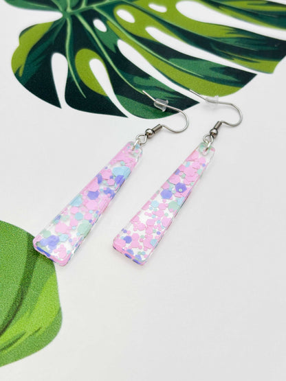 Large Pastel Hexagon Sequin Trapeze Dangle Earrings or Necklace – Hypoallergenic Stainless Steel