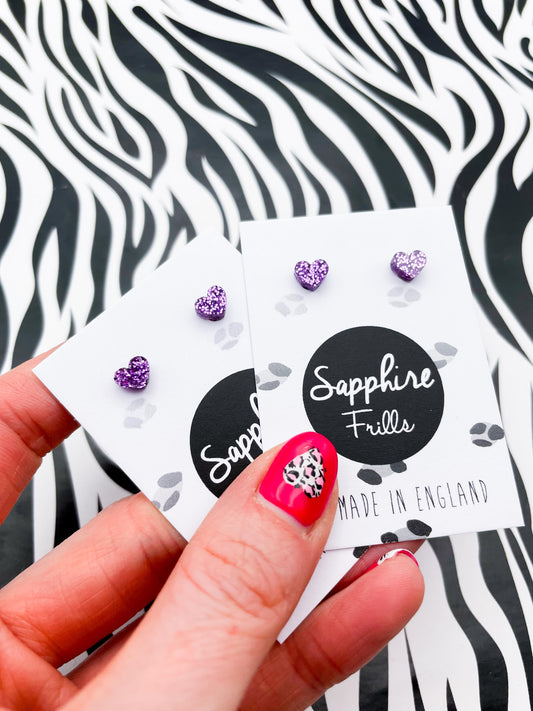 Micro Mauve Purple Glitter Acrylic Heart Stud Earrings – Hypoallergenic Stainless Steel