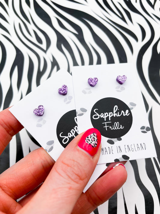 Micro Mauve Purple Glitter Acrylic Heart Stud Earrings – Hypoallergenic Stainless Steel