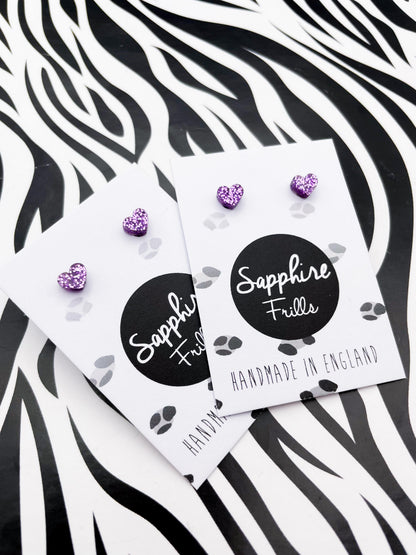 Micro Mauve Purple Glitter Acrylic Heart Stud Earrings – Hypoallergenic Stainless Steel