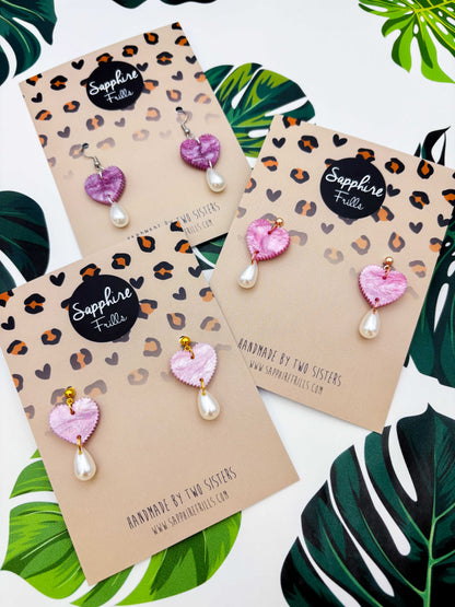 Medium Pink/Purple Potion Glitter Marble Scalloped Heart with Pearl Teardrop Dangle Earrings