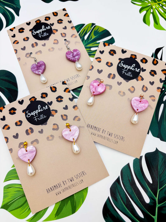 Medium Pink/Purple Potion Glitter Marble Scalloped Heart with Pearl Teardrop Dangle Earrings