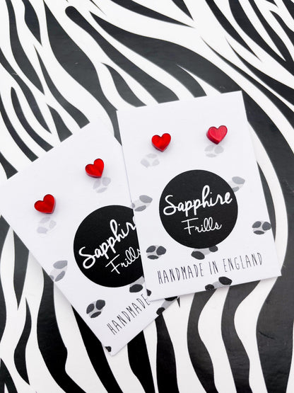 Micro Red Marble Acrylic Heart Stud Earrings – Hypoallergenic Stainless Steel