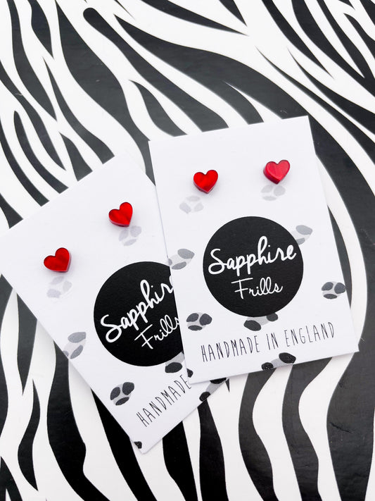 Micro Red Marble Acrylic Heart Stud Earrings – Hypoallergenic Stainless Steel