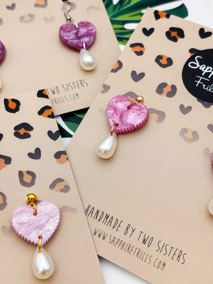 Medium Pink/Purple Potion Glitter Marble Scalloped Heart with Pearl Teardrop Dangle Earrings