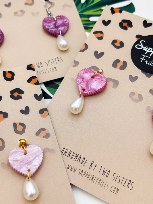 Medium Pink/Purple Potion Glitter Marble Scalloped Heart with Pearl Teardrop Dangle Earrings