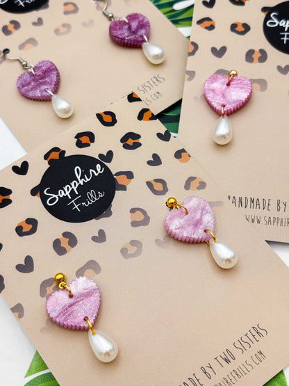 Medium Pink/Purple Potion Glitter Marble Scalloped Heart with Pearl Teardrop Dangle Earrings