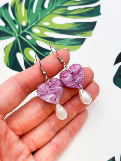 Medium Pink/Purple Potion Glitter Marble Scalloped Heart with Pearl Teardrop Dangle Earrings